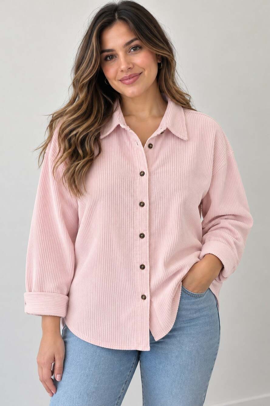 H&M L.O.G.G. Pink Ribbed Corduroy Button Up Shirt Women’s M
